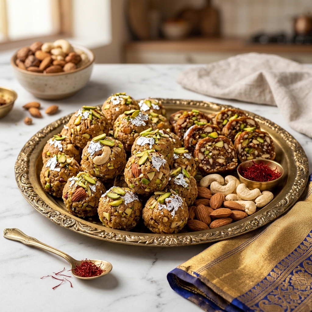 Jyotiraj Traditional Brass Thali with Dry Fruits Laddus, Khajur Rolls, and Saffron